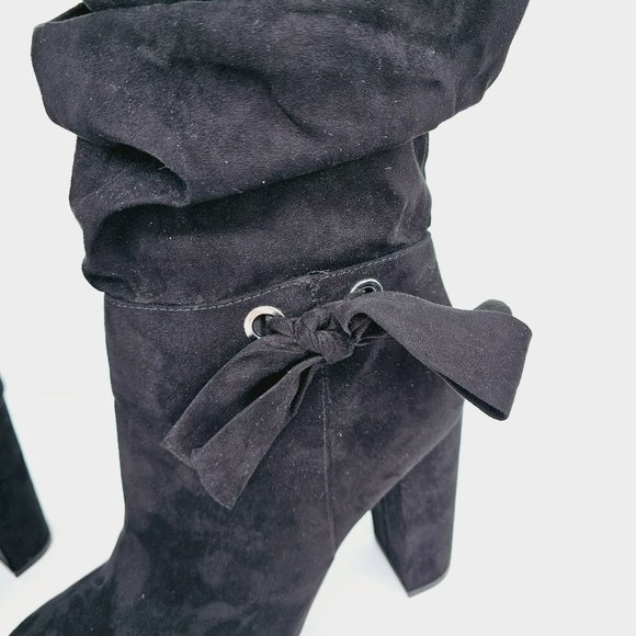 JustFab Pilara Over The Knee Heels Boots 10 Black Faux Suede Slouch Side Zip Bow - Picture 4 of 13